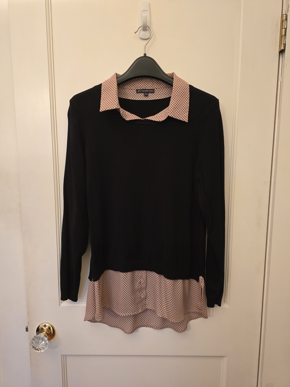 Adrianna Papell Black Sweater Top with Pink Polka Dot Mock-Layer